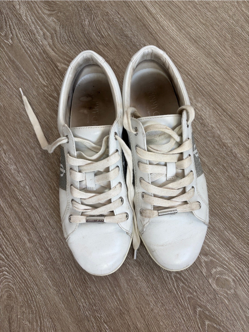 Jimmy Choo White Leather Sneakers with Silver Side Panels